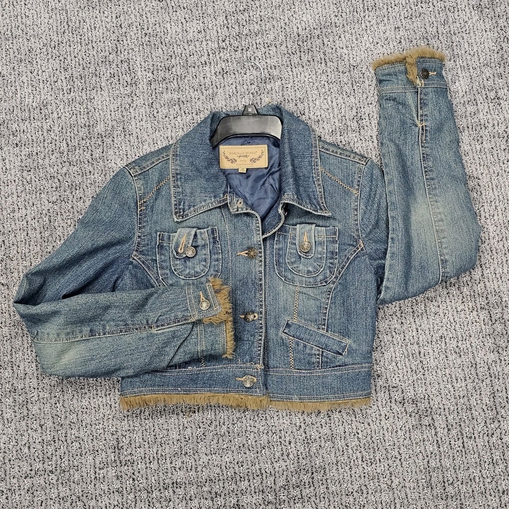 Marcelle Renee Cropped Medium Wash Denim Jean Jacket Womens Fur Trim Size Medium